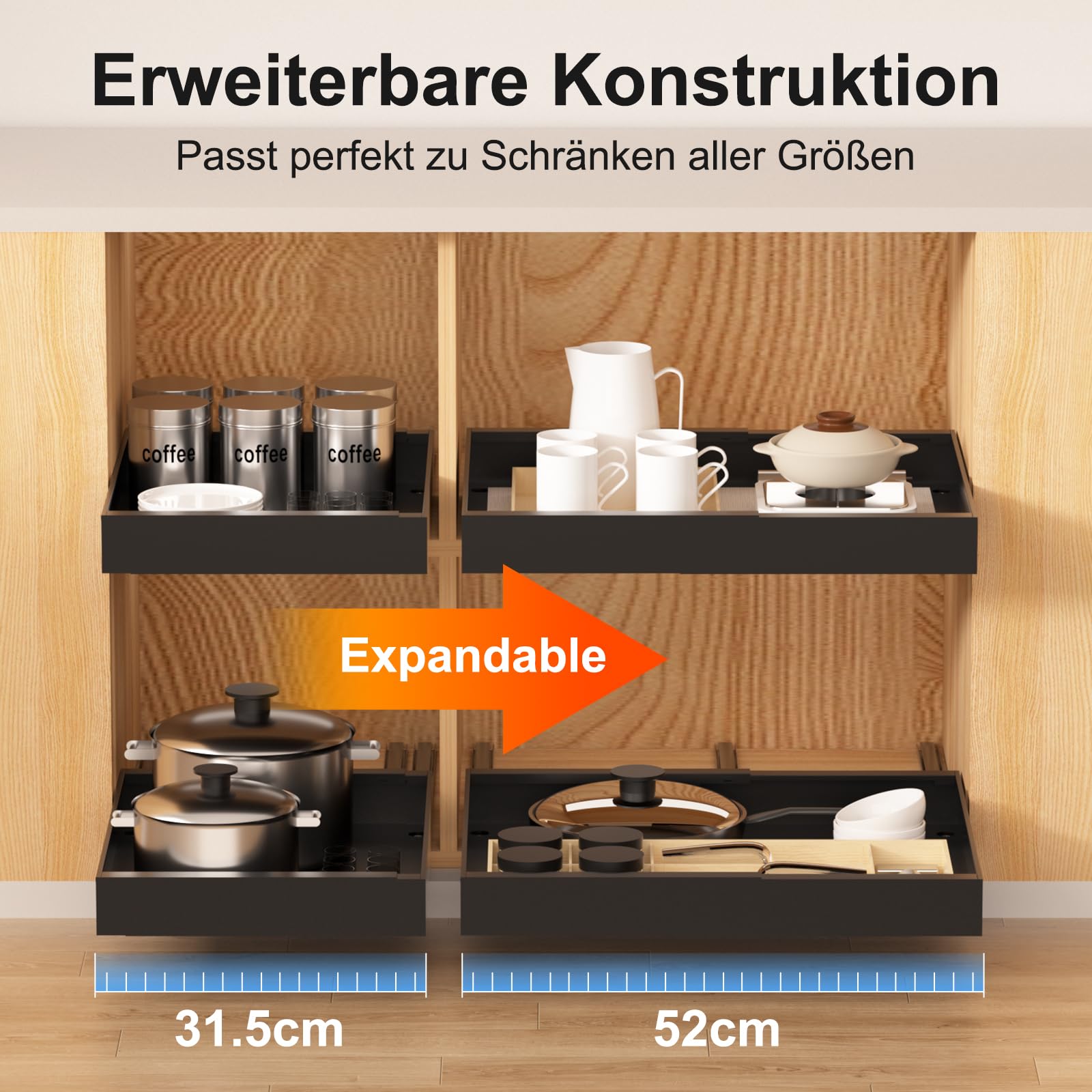 Melovinho 2 Pack Expandable Pull Out Kitchen Cabinet Organizer,Adhesive No Drilling Slide Out Drawers for Kitchen Base Cabinet,Shelves,PantryStorage, Adjustable Width Cabinets Drawers 12.4"-20.4"