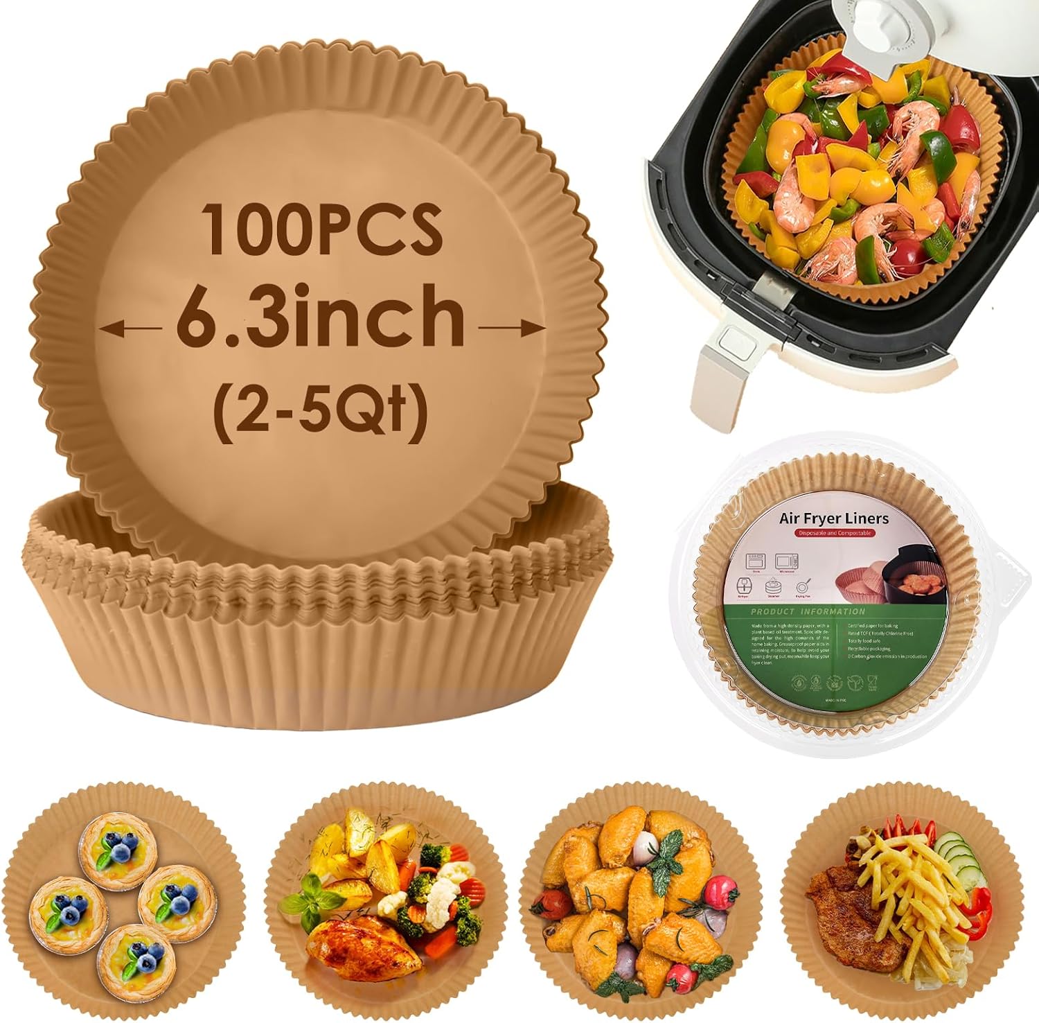 Skiennix Air Fryer Disposable Paper Liners - Non-Stick Grease Proof Parchment, 100 Pcs, 6.3 Inch