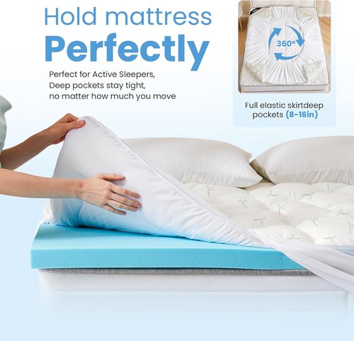 DUMOS Queen Mattress Topper - Dual Layer 4 Inch Memory Foam with Gel & Pillow Top for Back Pain Relief
