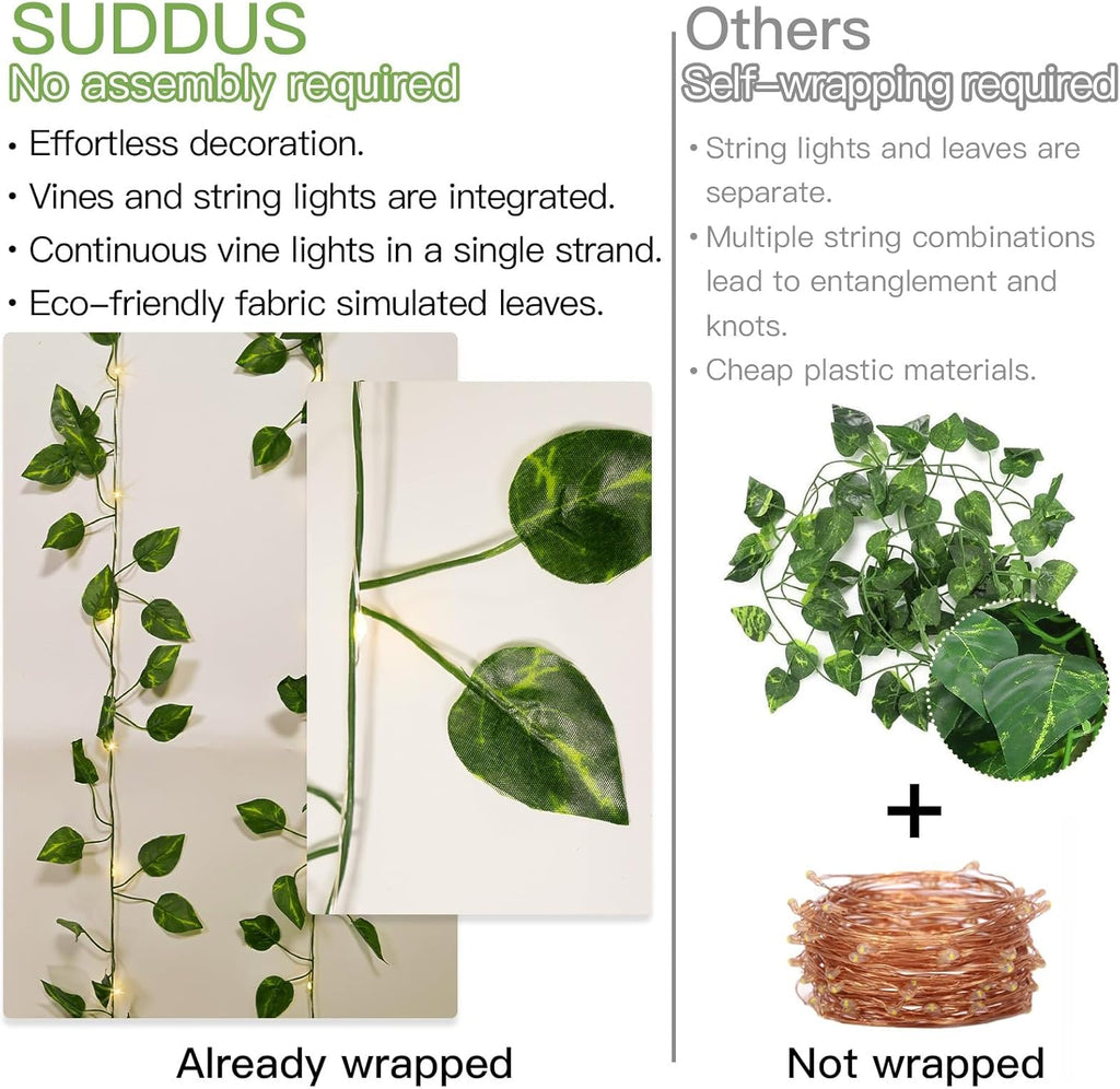 Suddus Artificial Pothos Vines with Fairy Lights - Battery Operated Leaf Decor for Bedroom, Garden & Events
