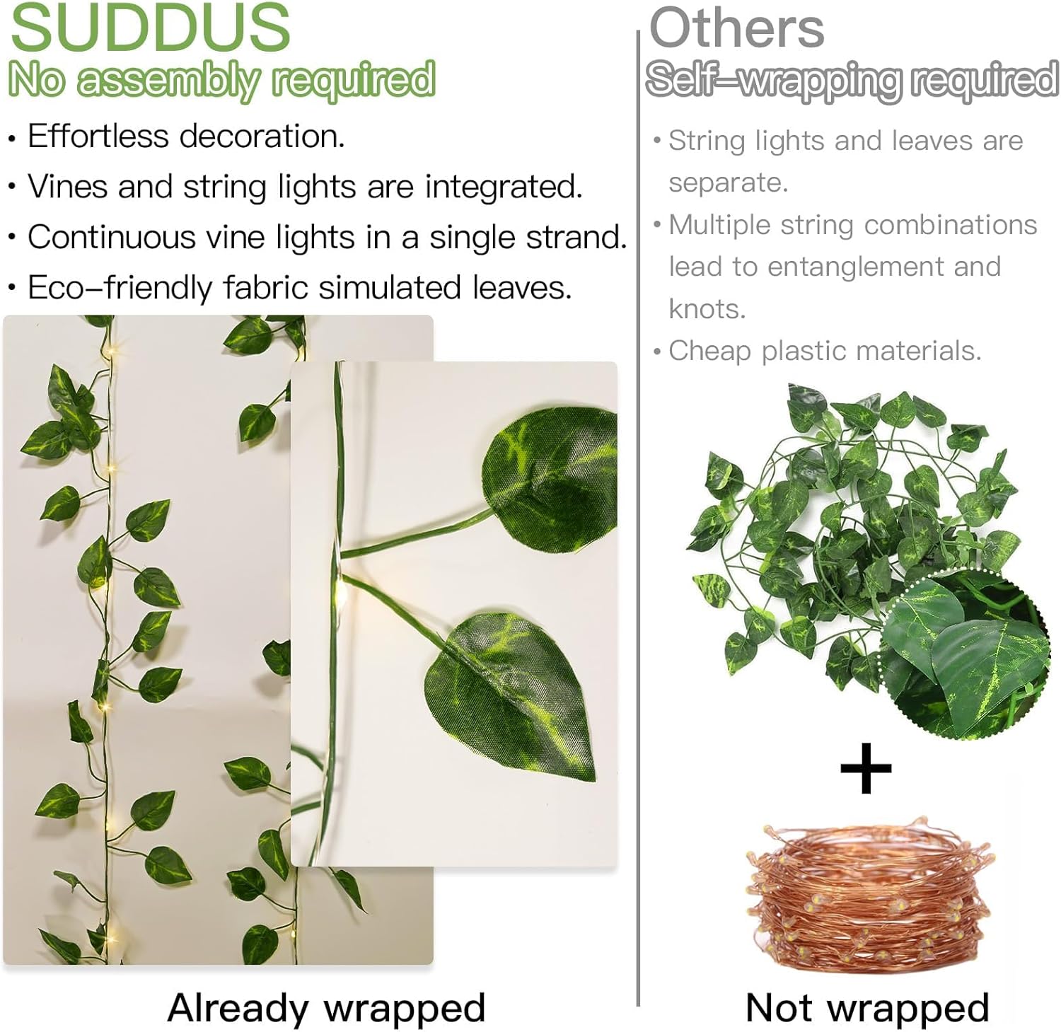Suddus Artificial Pothos Vines with Fairy Lights - Battery Operated Leaf Decor for Bedroom, Garden & Events