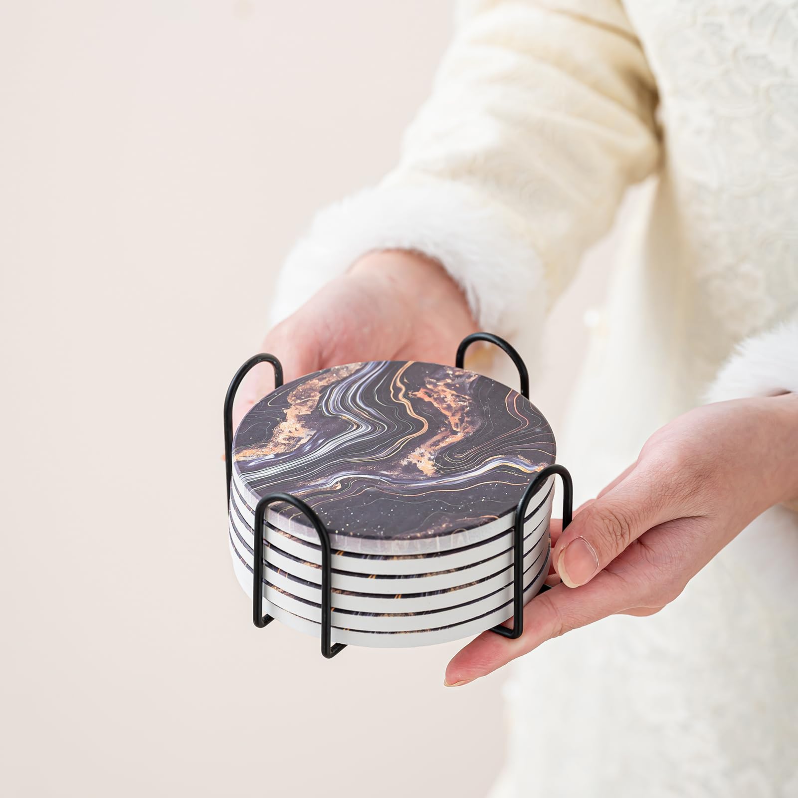 Kedested Ceramic Drink Coasters Set of 6 with Holder, Modern Marble Absorbent Ceramic Coasters, Round Ceramic Table Coasters for Home Decor Coffee Kitchen (4 Inches), Black