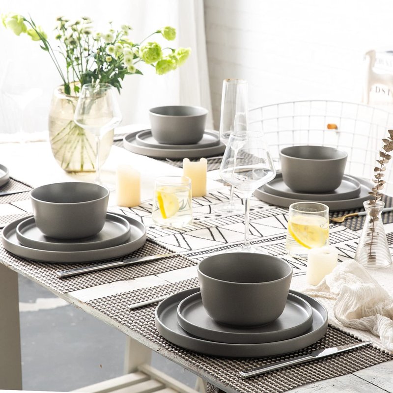 AmorArc Ceramic Dinnerware Sets for 4, Modern Flat Stoneware Plates and Bowls Sets,Chip and Crack Resistant | Dishwasher & Microwave Safe Dishes Set,Scratch Resistant- Service for 4 (12pc)-Matte Pink