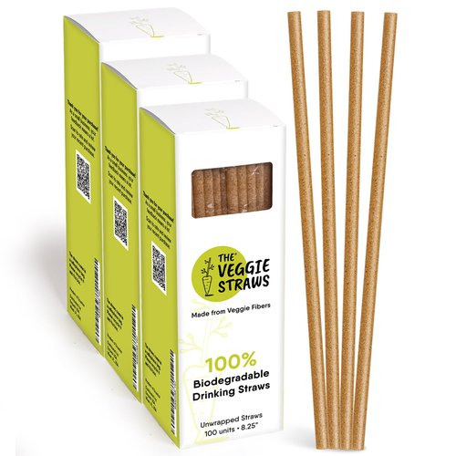The Veggie Straws – 300 PCS of 8.25 Inches Unwrapped Biodegradable Straws – Made of Vegetable Fibers, Best Environment Friendly Drinking Straws for Hot and Cold Beverages