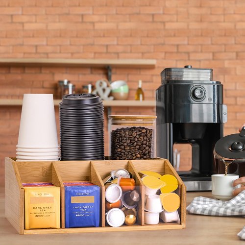 HUCINIUN Bamboo Coffee Station Organizer for Countertop, Coffee Bar Accessories Organizer with 5 Compartments for Tea Bags Condiment, Pods, Creamer, Syrup, Cups