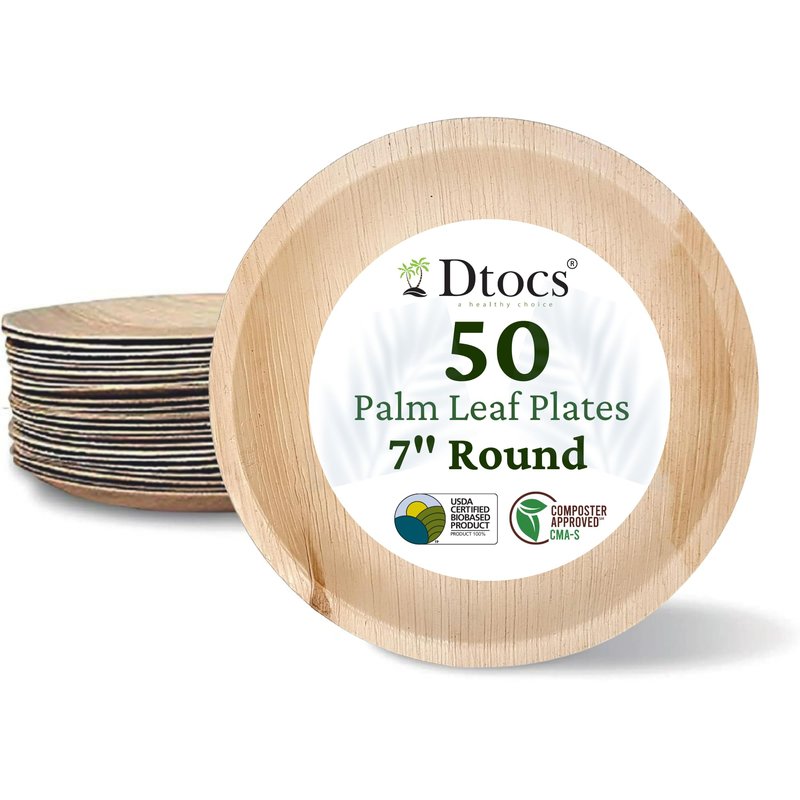 Dtocs Palm Leaf Plates 7 Inch Round (50) | Bamboo Plates Disposable Look Compostable Dinnerware Sets for Cocktail, Appetizer, Dessert, Mini Charcuterie Boards | Alternate to Wooden, Paper, Plastic