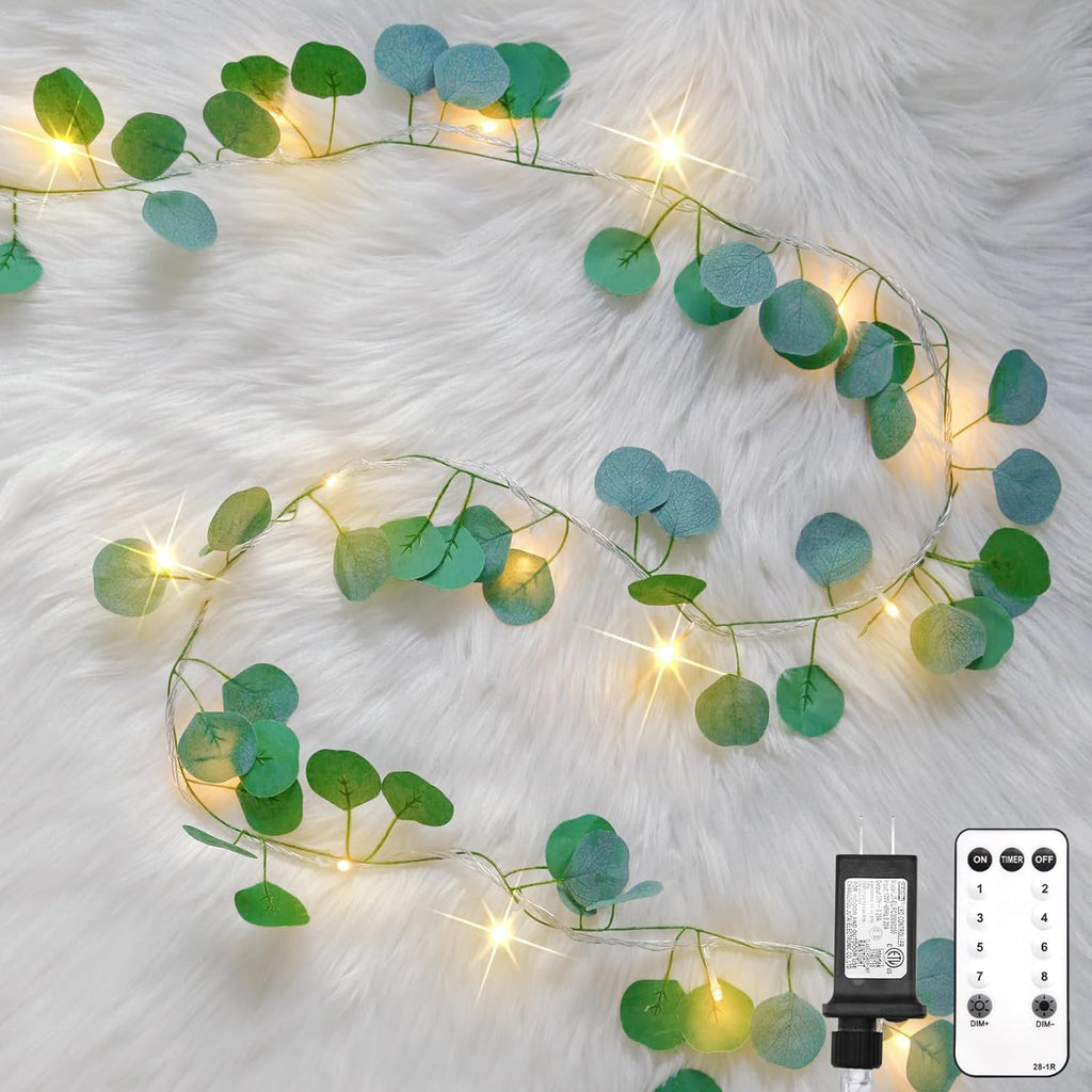 Suddus Eucalyptus Garland String Lights - 33ft 100 LED Plug-In with Remote | Warm White for Bedroom, Garden, Party Decor