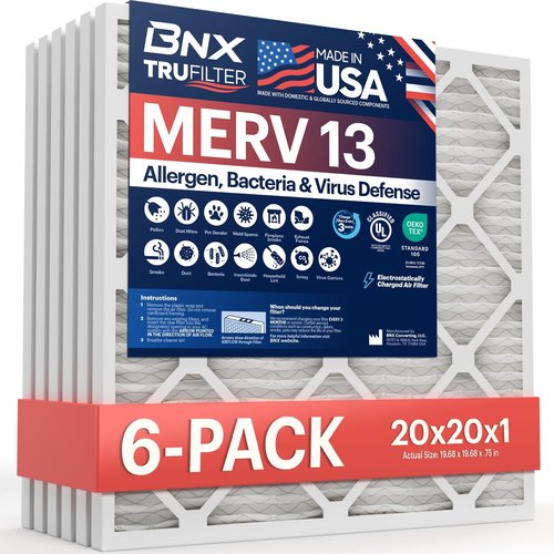 BNX TruFilter 20x20x1 MERV 13 Air Filters (6-Pack) - Electrostatic Pleated HVAC Filters for Allergies & Smoke