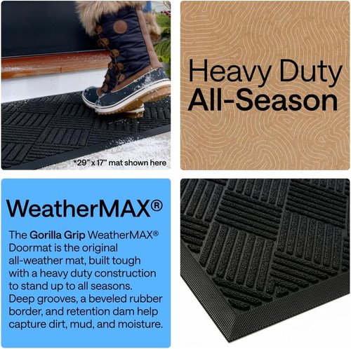 GORILLA GRIP Waterproof All-Season Doormat - Natural Rubber, Stain & Fade Resistant, 29x17, Black Diamond