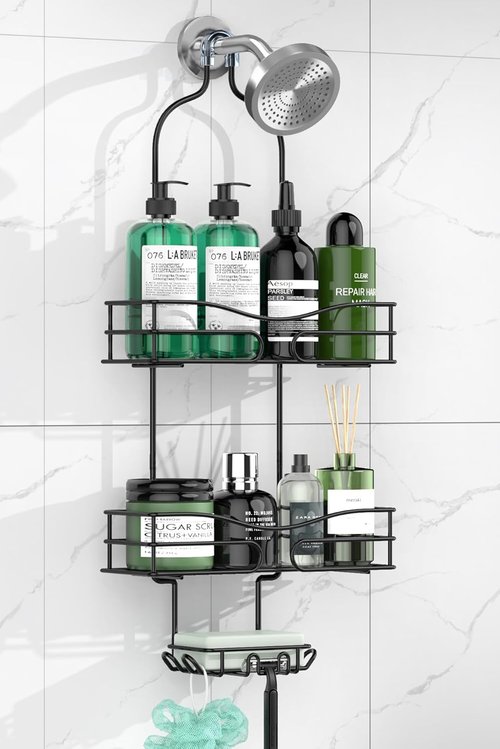 DAOYA Shower Caddy - 3-Tier Bathroom Organizer with Soap Holder & 6 Hooks | Fits 21mm Shower Head Arm, Black