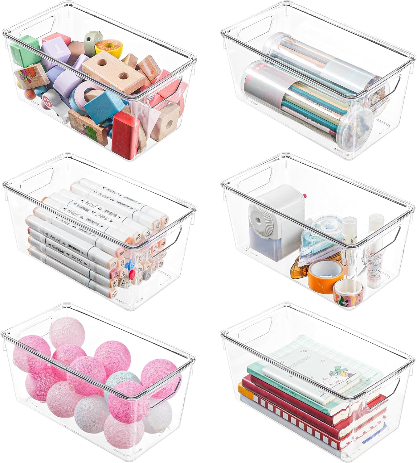 Skiennix 6-Pack Clear Storage Bins - Stackable Acrylic Craft Containers with Lids & Handles for Pantry, Kitchen, Office