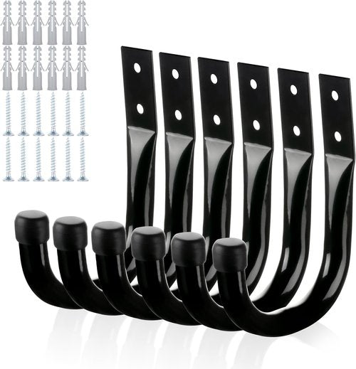KURUI Heavy Duty Metal Wall Hooks - 6-Pack Garage Organization Hooks for Tools & Bags | Black Utility J Hooks