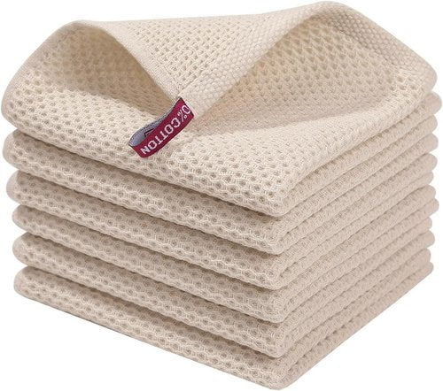 Homaxy Kitchen Dish Cloths - 100% Cotton Waffle Weave, Ultra Soft & Absorbent, 12x12 Inches, 6-Pack | Beige
