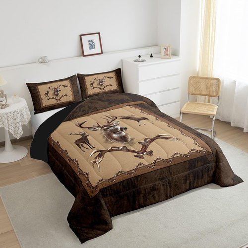 Erosebridal Farmhouse Deer Comforter Sets for Kids Boys Girls Southwestern Bedding Set Twin Size Rustic Hunting Animal Quilt Moose Deer Down Comforter with 1 Pillow Sham Bedroom Decor