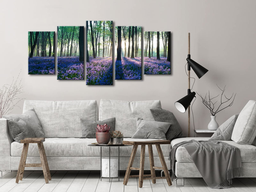 Pyradecor Early Morning Lavender Canvas Prints Wall Art Purple Floral Pictures Paintings for Bedroom Kitchen Bathroom Home Decor Modern 5 panels Stretched Flowers Landscape Artwork