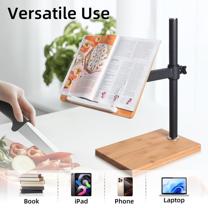 Extral Large Size Book Stand Height Adjustable, wishacc Upright Bamboo Wood Book Stand Cookbook Holder for Reading Hands Free