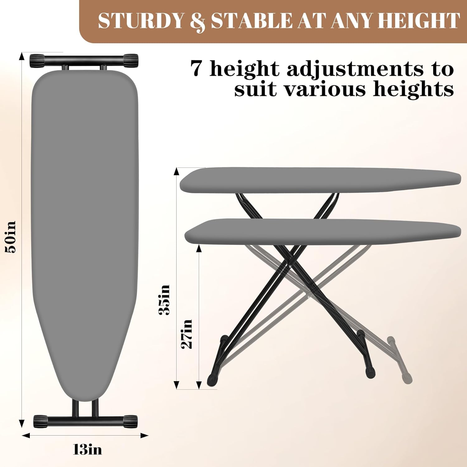 Skiennix Ironing Board - Compact Space-Saver with Heavy-Duty Padding | 13 x 43 Inches - Grey