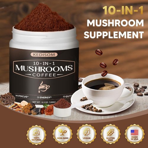 KEDISOM 10 in 1 Mushrooms Coffee, Instant Mushroom Coffee Powder with Lion's Mane, Cordyceps, Reishi, Shiitake, Turkey Tail, King Trumpet, for Focus, Energy, Immunity, 180g, 60 Servings