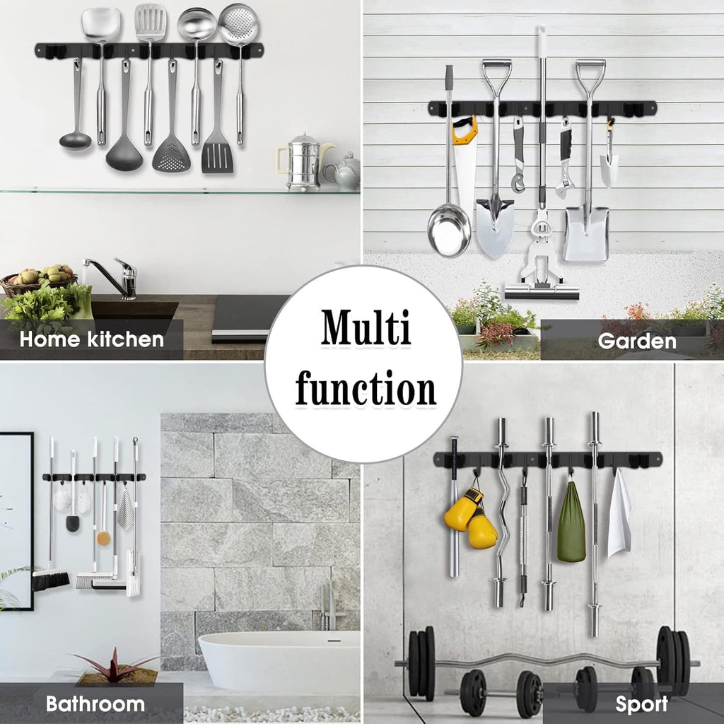 AceMining Broom Holder - 2 Pack Wall Mount Mop Organizer with 5 Racks & 4 Hooks | Heavy-Duty Stainless Steel