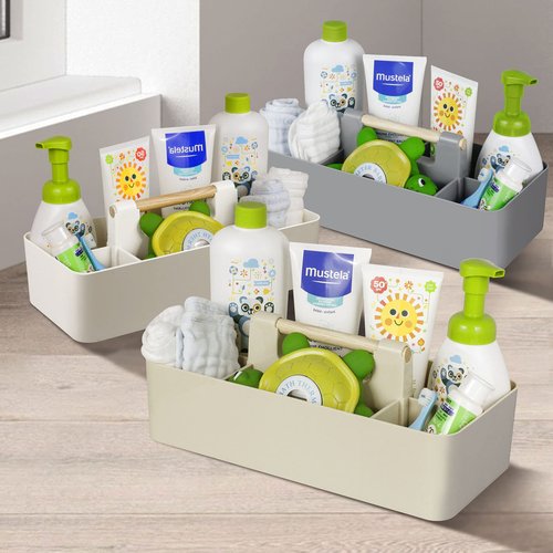 ChengFu Baby Shower Caddy Plastic Nursery Portable Storage Organizer Caddy Tote for Child/Kids, Divided Basket Bin with Wood Handle for Bathroom, Dorm Room, Holds Hand Soap, Bottles, Spoons (Beige)