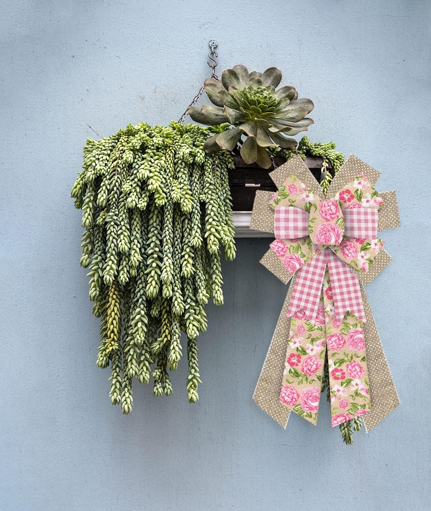 Skiennix Large Spring Wreath Bow - Pink Roses & Burlap Design | Retro Floral Decor for Indoor/Outdoor Use