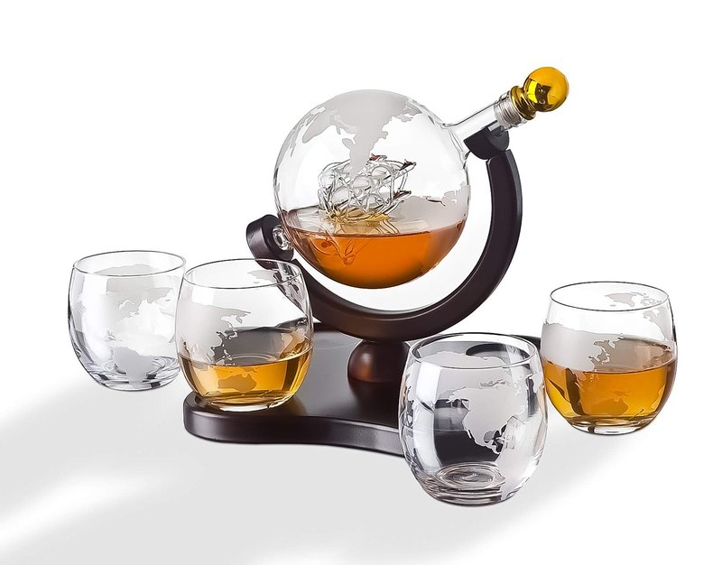 Attractive Home Bar Décor 5pc Whiskey/Wine Globe Decanter Set, World Etched Bottle with 4 Premium Glass Cups on Attractive Mahogany Wood Stand. - THE PERFECT PRESENT -