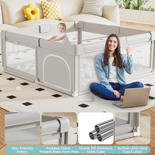 Hiaksedt Baby Playpen - 50 x 50 Inch Safe Play Area with Ocean Balls & Soft Fabric Zipper Gates