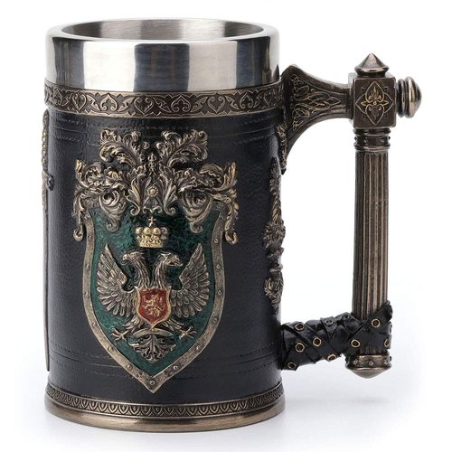 Veronese Design 6.25 Inch 0.5 L Double Headed Eagle Crest Axe Handle Beer Stein Stainless Steel Tumbler Antique Bronze Finish Sculpture Tabletop Decorative Cup
