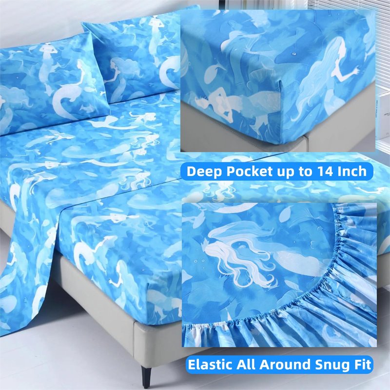 SDIII 4PCS Blue Mermaid Queen Sheets Set, Soft Microfiber Princess Sheets Set Queen, Blue Mermaid Bed Sheet for Girls Kids and Teens, Deep Pocket