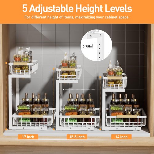 Lxmons Under Sink Organizer, 2 Tier Height Adjustable Pull Out Cabinet Organizer Drawer, Metal Storage Shelf with Slide Out Wire Basket for Bathroom Kitchen, Countertop Pantry, White