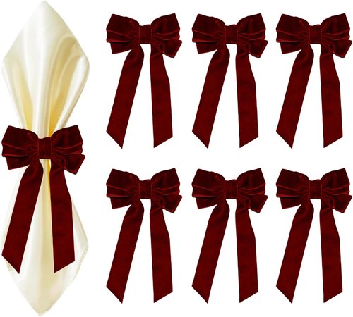 Meseey Bow Napkin Rings - Set of 6 Luxury Burgundy Velvet Holders | Elegant Design for Holiday Dining