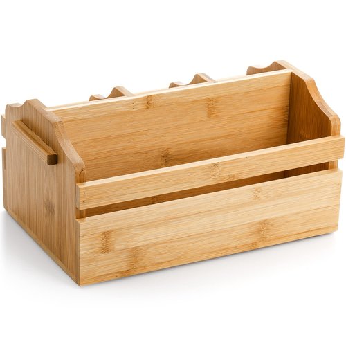 Yesland Silverware Holder Caddy, 4 Compartments Wooden Utensil Holder Flatware with Handle, Bamboo Cutlery Holder Organizer Containers for Party, Kitchen Countertop, Forks, Spoons, Knives, Napkins