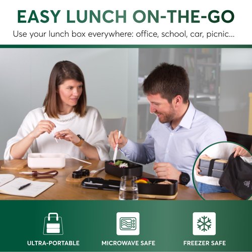 Umami Bento Box Adult All-In-1 w/4 Utensils, 2 Sauce Jars 2 Dividers, Bamboo Lid, 100% Leakproof, Microwave & Dishwasher Safe Stackable Bento Lunch Box Containers for Men/Women, Black Beige, 68 oz