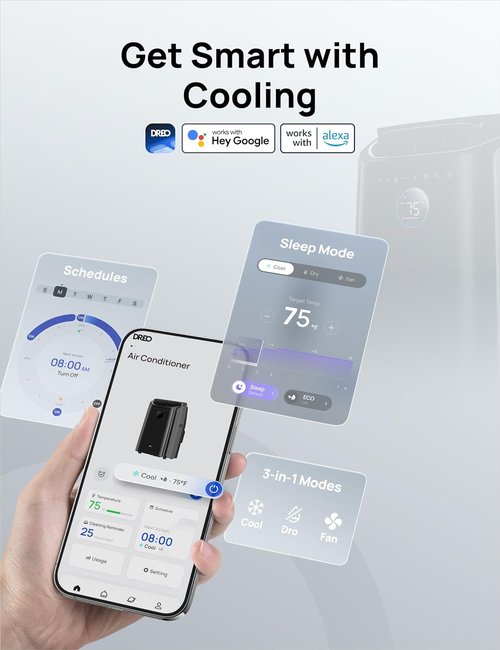 DREO 12,000 BTU Portable Air Conditioner - Quiet 46dB Cooling with Smart Features & 24h Timer | Indoor AC Unit