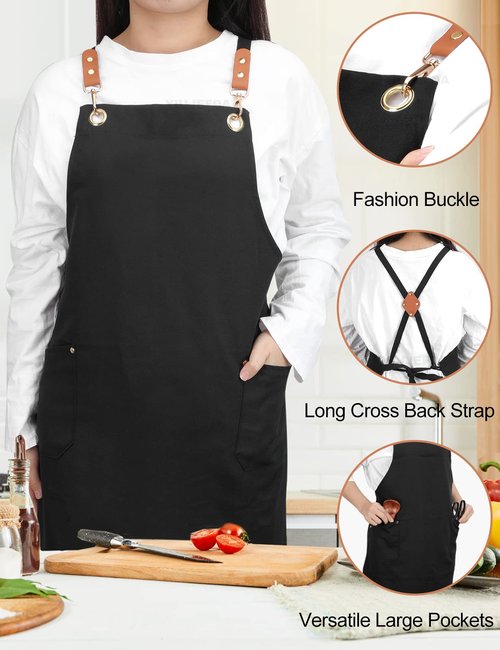 YIUJEFDA Black Cross Back Aprons for Women Men, Adjustable Long Straps Large Pockets Canvas Waterproof Apron for Chef Kitchen Cooking Server