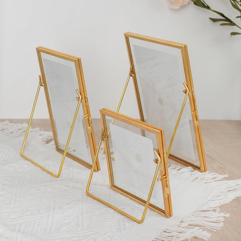Jajamy Set of 6 Gold Glass Floating Picture Frame, Glass Pressed Flower Frames Collection, 4"x 4", 4"x 6", 5"x 7" Gold Picture Frame for Stand Tabletop Photo Display