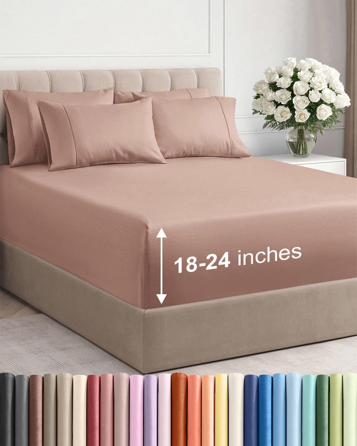 Skiennix Extra Deep King Sheet Set - 6 Piece Breathable Cooling Bedding - Soft, Wrinkle-Free Mauve