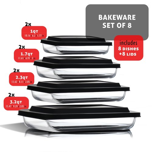 EATEX 16-Piece Deep Glass Casserole Dishes for Oven with Plastic Lids, Glass Baking Dishes for Oven, Rectangular Bakeware for Lasagna, Cooking, Leftovers, Kitchen, Freezer to Oven Dishwasher Safe