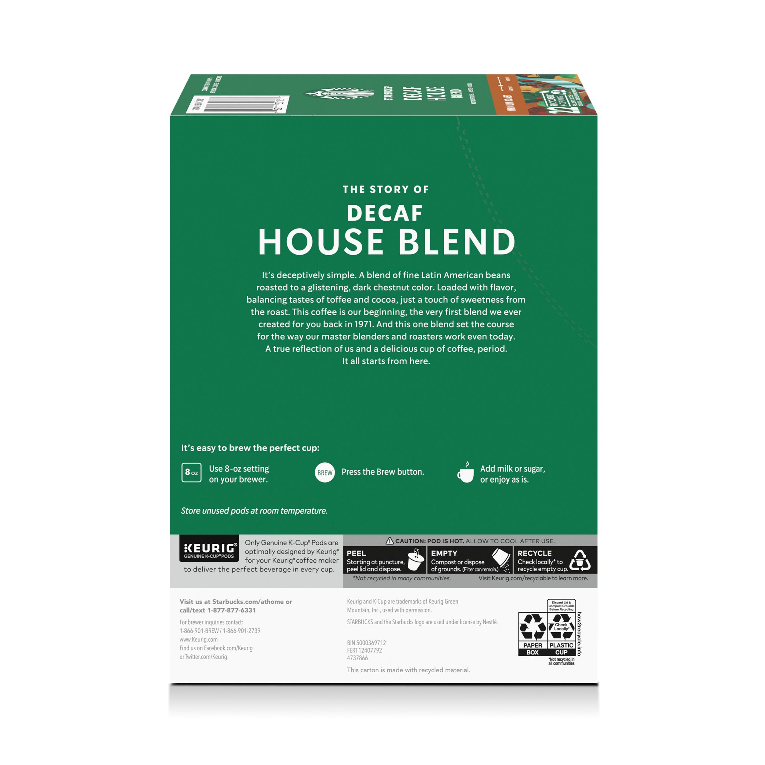 Starbucks K-Cup Coffee Pods, Medium Roast Hot or Iced Coffee, Decaf House Blend, 22 Keurig Pods