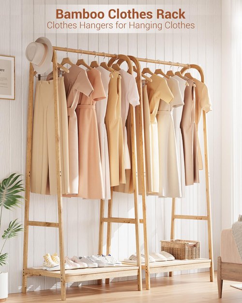 Clothing Rack with Storage Shelf, Bamboo Freestanding Garment Rack for Bedroom, Balcony, Clothes Store, Clothing Storage Organizer, Heavy Duty Clothes Rack for Hanging Clothes, Coats, Skirts, Shoes