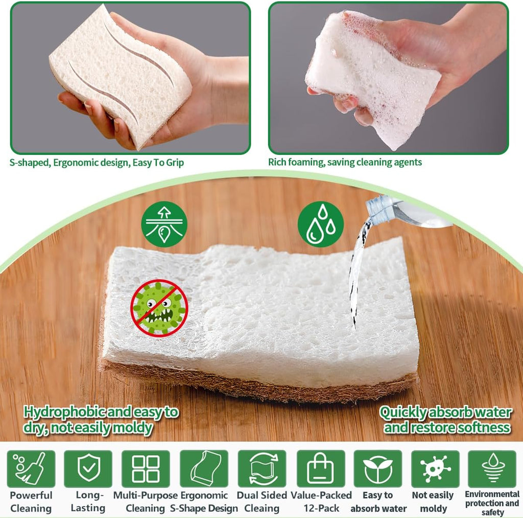 Skiennix Natural Dish Sponges - Biodegradable Plant-Based Cellulose with Coconut Scrubber | Pack of 12