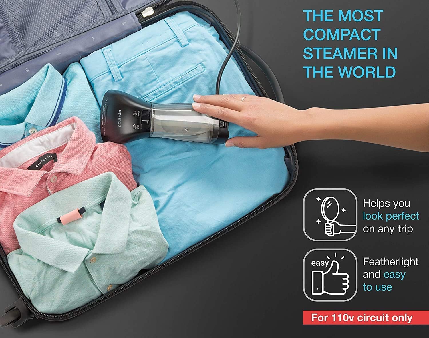 Polardo Travel Garment Steamer - Compact Handheld Clothes Steamer with 360° Anti-Spill Technology | Professional Wrinkle Remover