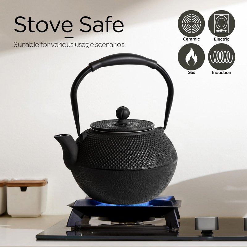 GUANGHEIRON Cast iron Teapot, Tea Kettle for Stovetop Safe with Stainless Steel Infuser, Japanese Hand-made Tea Pot Coated with Enameled Interior for 42oz, 1200ml Black