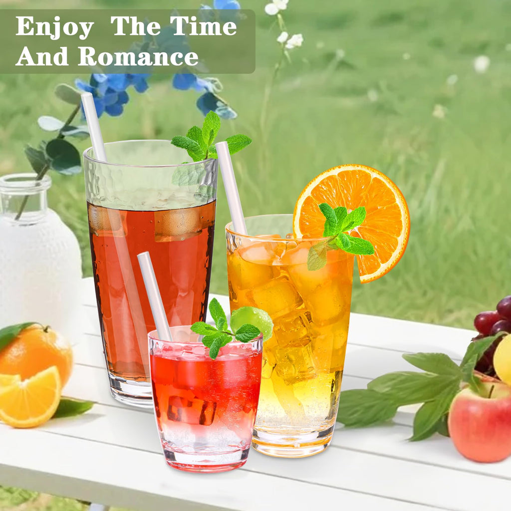 Zioffiel 9 Pcs Plastic Drinking Tumblers Set of 14/18/24 oz, Acrylic Drinking Glasses with Straw&PP Brush, BPA-Free, Stackable Water Cups, Clear Cups for Juice, Wine (14/18/24 oz-9 pcs)