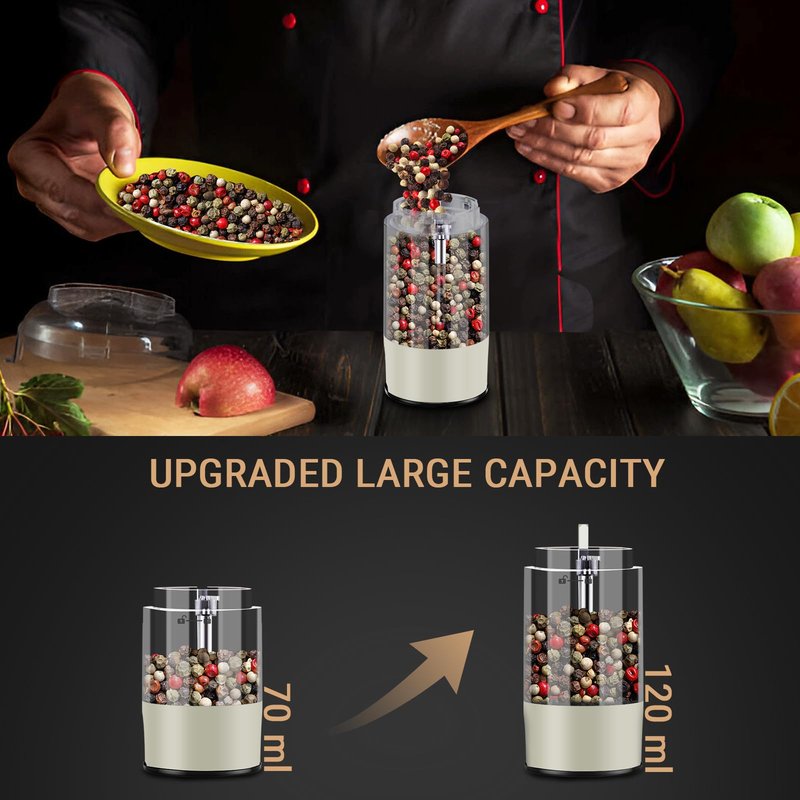Electric Salt and Pepper Grinder Set, USB Rechargeable, Automatic Salt Pepper Mill Grinder Adjustable Coarseness with LED-Display, 120ml Container, One-Button Control, Suitable for kitchen, restaurant