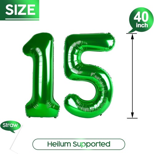 15 Balloon - Dark Green 40-Inch Foil Birthday Number Balloons for Men, Women, Boys & Girls