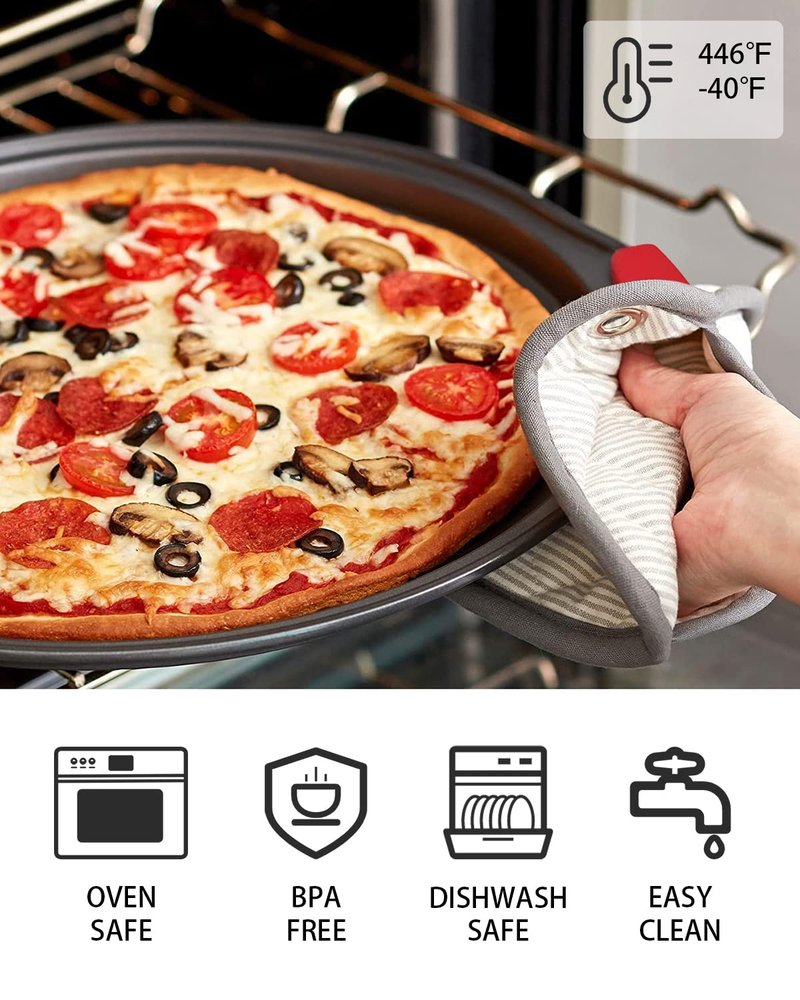 NBFTLTOP Pizza Pan 12 Inch for Oven, Pizza Steel Pan with Heat-insulating Silicone Handle, Nonstick Pizza Tray with Holes and No Holes Set, Round Pizza Baking Pan 2pcs, Gray