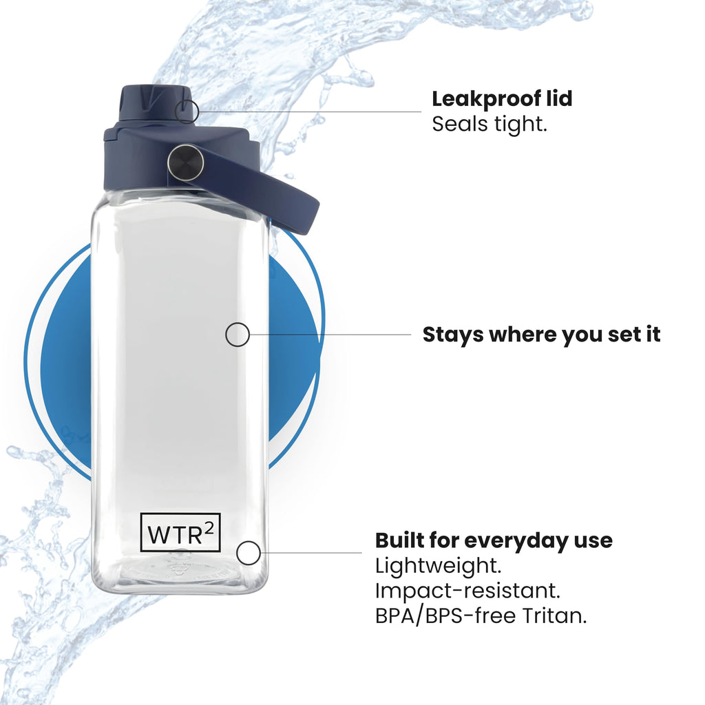 WTR² 32oz Square Water Bottle, Clear, Leakproof Lid, BPA/BPS-Free Tritan, Lightweight & Impact Resistant for Work, Gym & Everyday Use