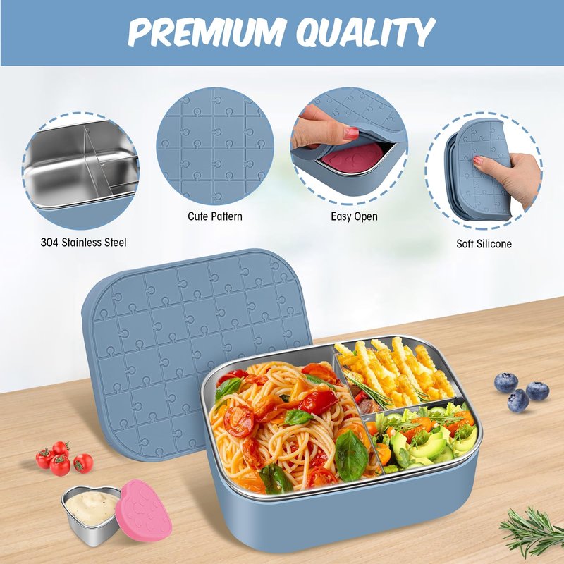 Small Stainless Steel Bento Lunch Box - Reusable Divided Metal Snack Bento Box 3-Compartment Food Meal Prep Storage Lunch Containers Leakproof with Dip Container,Dishwasher,Freezer Safe, BPA-Free