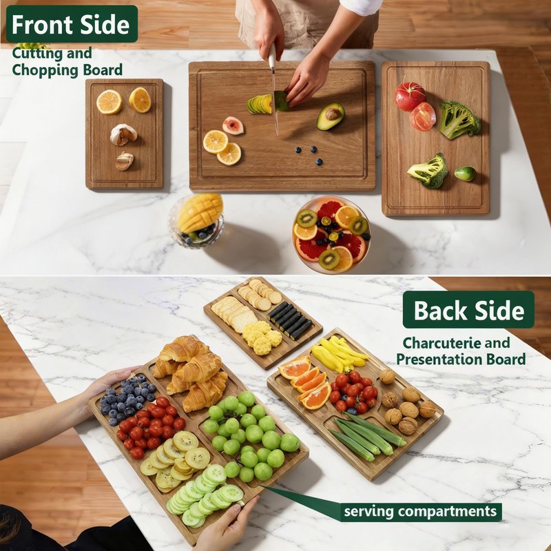 Acacia Wood Cutting Boards for Kitchen Set of 3, Chopping Board with Holder, with Deep Juice Groove Grip Handles, Charcuterie Boards, for Meat, Vegetables and Fruits and Cheese (Set B of 3)